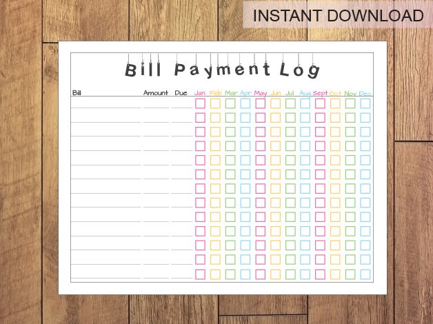 Bill Payment Log Printable Instant Download