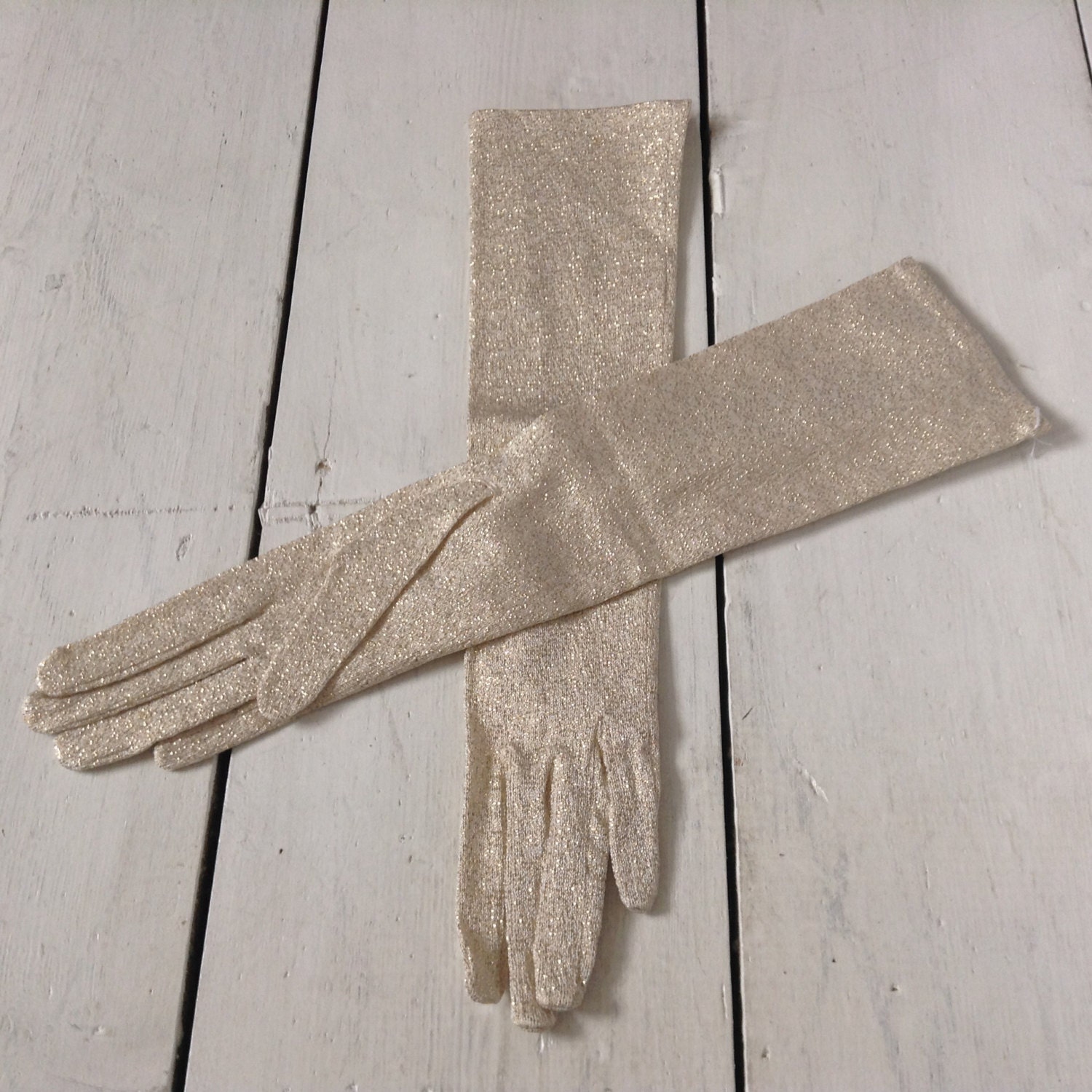 Spectacular Vintage Gold Sparkly Long Ladies Gloves, Size 7. Prom