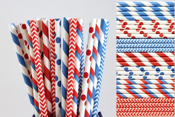 Dr. Seuss Red White and Blue Paper Straw Mix-Striped Straws-Polka Dot Straws-Chevron Straws-Birthday Party Straws-4th of July Straws Il_570xn