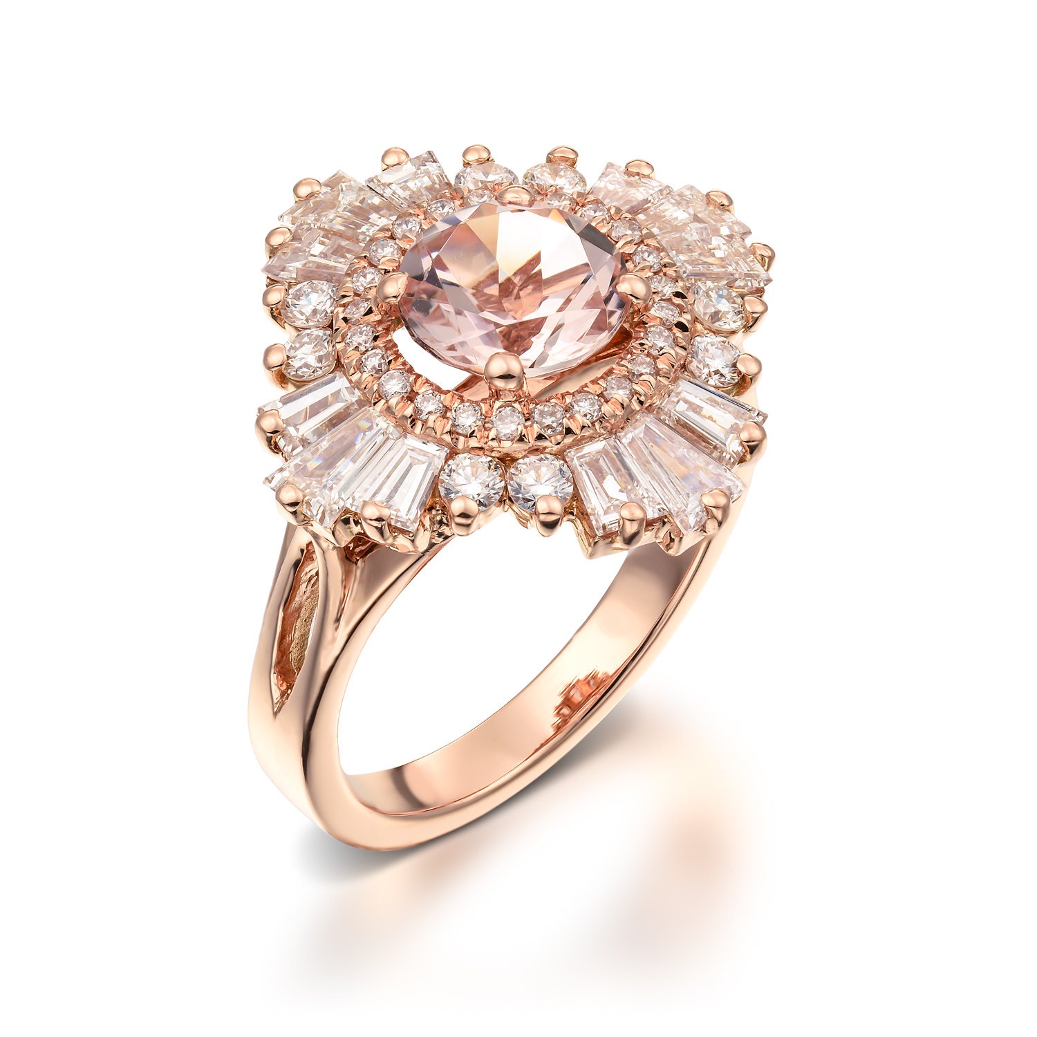 Vintage Engagement Ring 18K Rose Gold Diamonds And Morganite, Art Deco