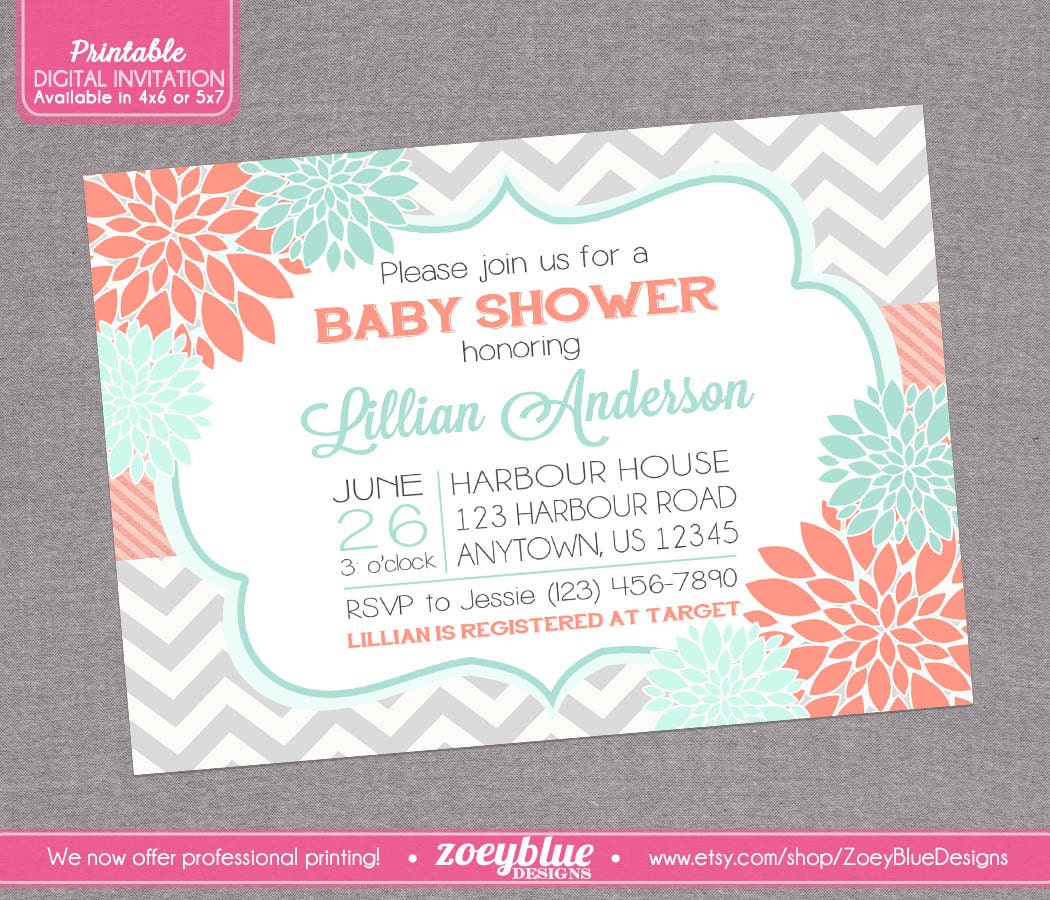 Coral And Mint Baby Shower Invitations 1