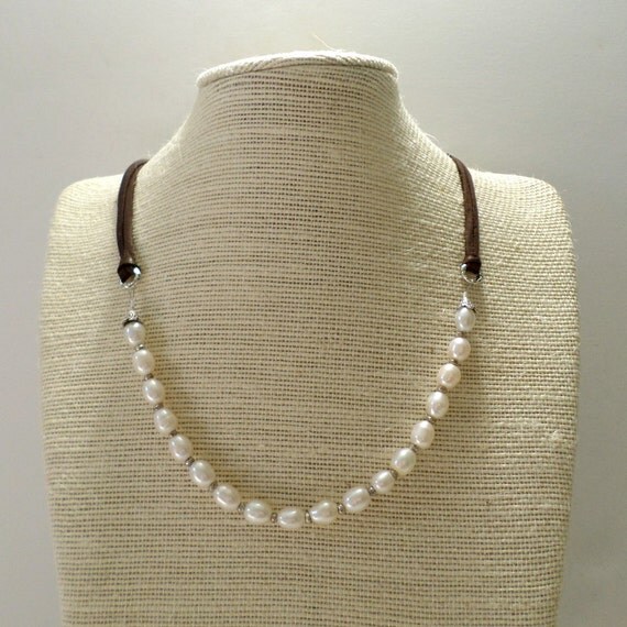 Pearl and Leather Necklace, White Pearl and Sterling Silver Necklace, June Birthstone, Beachy, White Cultured Pearl, Hill Tribe Silver