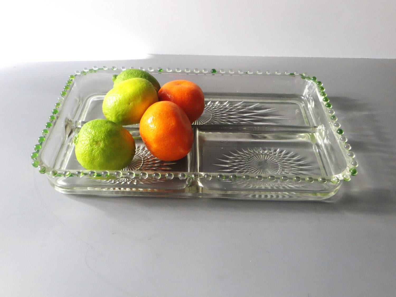 mid century hobnail glass divided tray, serving dish, green trim, three