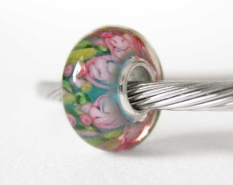 Colorful Floral Murano Lampwork Sterling Silver European Style Large Hole Bead