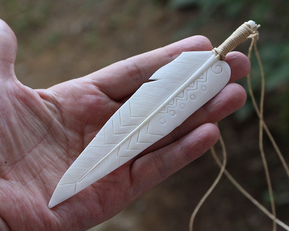 Hand Bone carving Ethnic Feather Necklace, Bone Feather Carving Jewelry