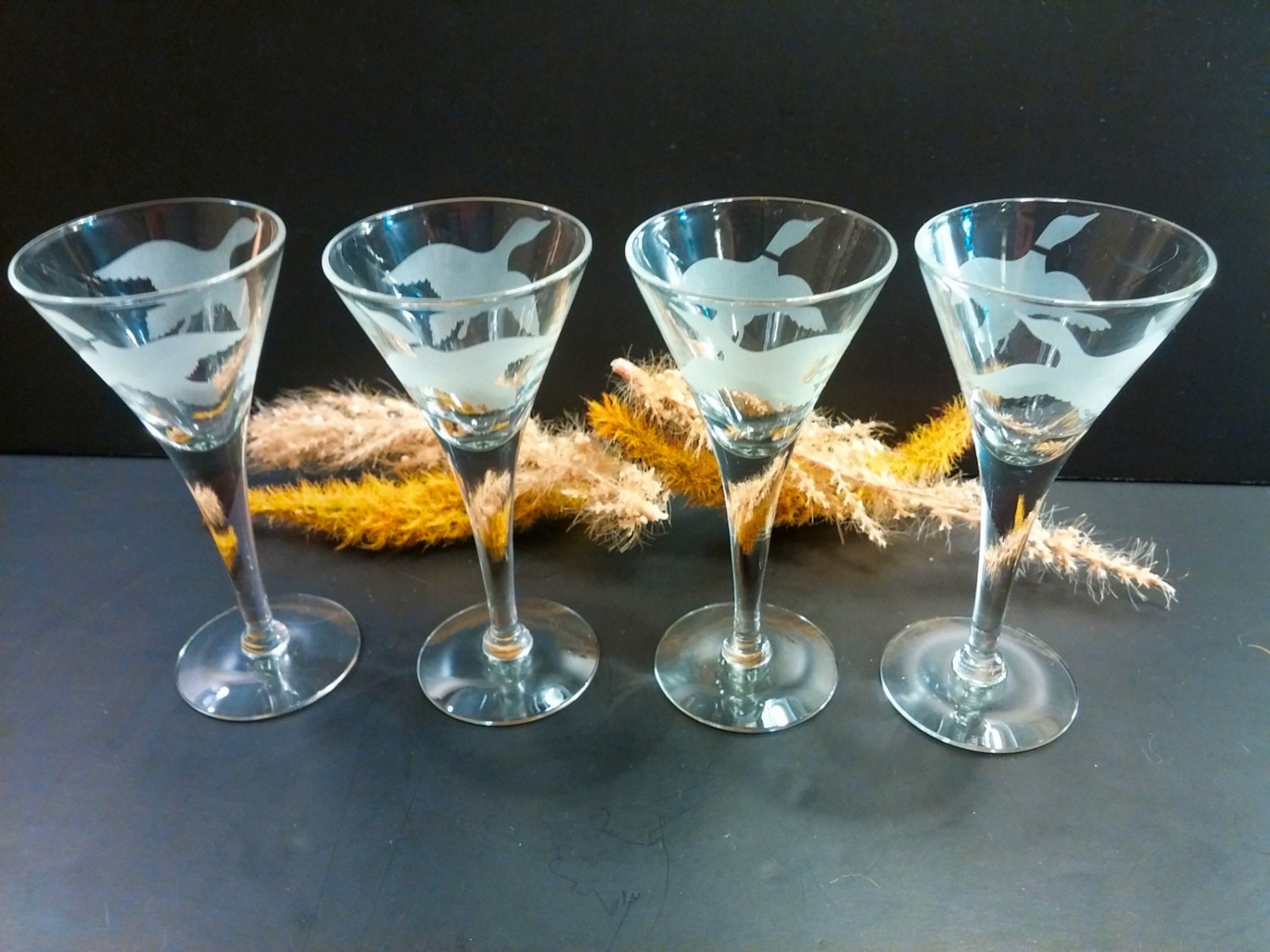Vintage Liqueur Glasses with Etched Geese. Mid Century Stemmed