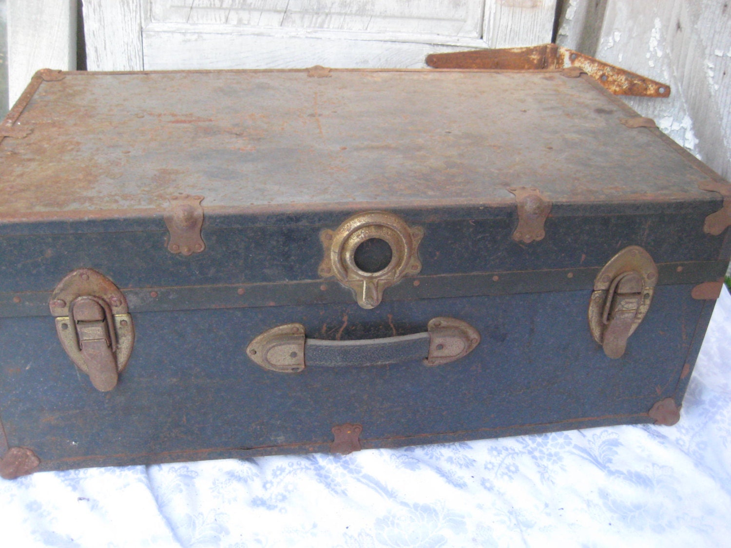 Vintage rustic trunk, foot locker, metal chest, coffee table, rustic