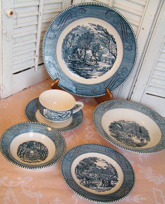 Vintage Currier and Ives Dishes Dinnerware by BlackGriffinVintage