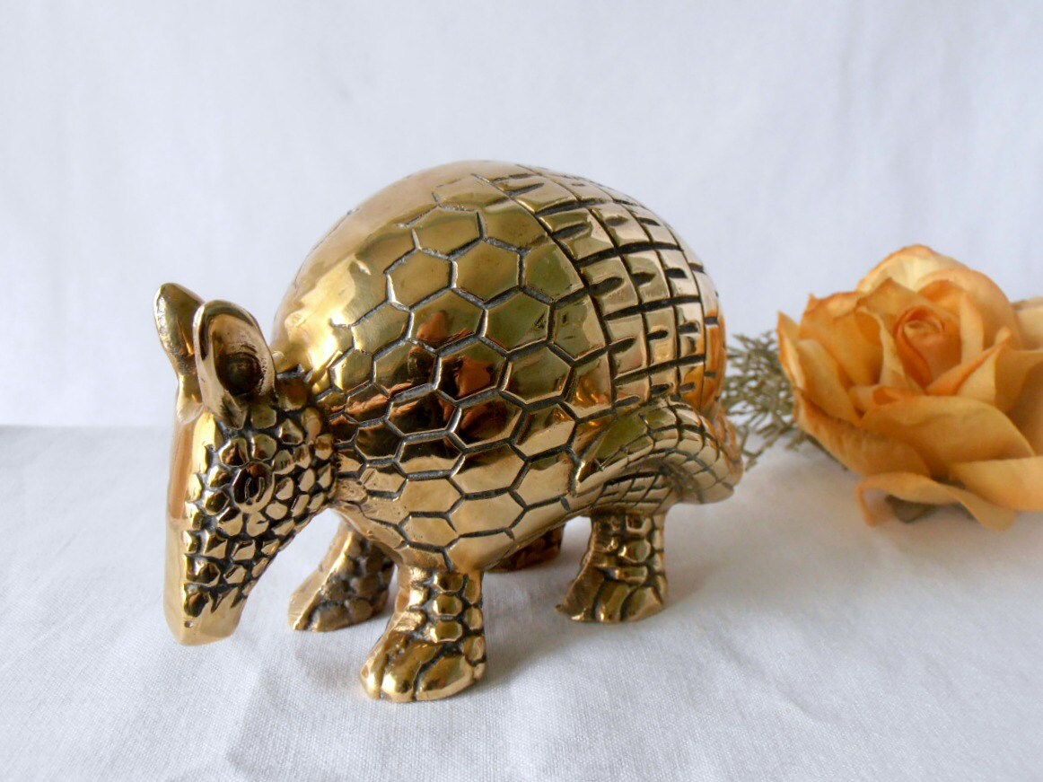 Mid Century Brass Armadillo Etched Brass Animal Paperweight