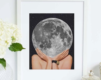 Moon art print - La Luna art poster - Surreal collage art of Full moon- Space and stars artwork illustration