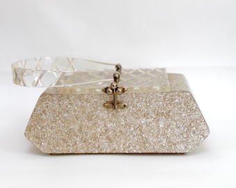 1950s Lucite Purse by Florida Handbags/ Retro Sparkled Silver White Gold