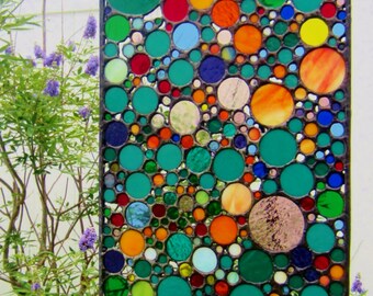 Custom Stained Glass Panel Abstract Stained Glass Circle Collage Stained Glass Art Rainbow Bubbles Unique Home Decor Housewarming Gift