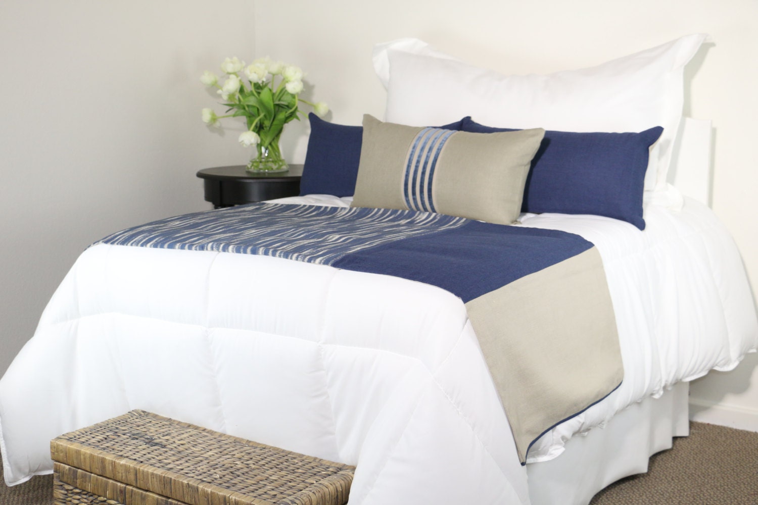 Blue Grey & Khaki Modern Bedding Set Bed Scarf and 3