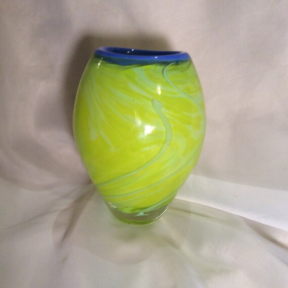Spring Green Blown Glass Vase. Hand Blown Vase with Neon