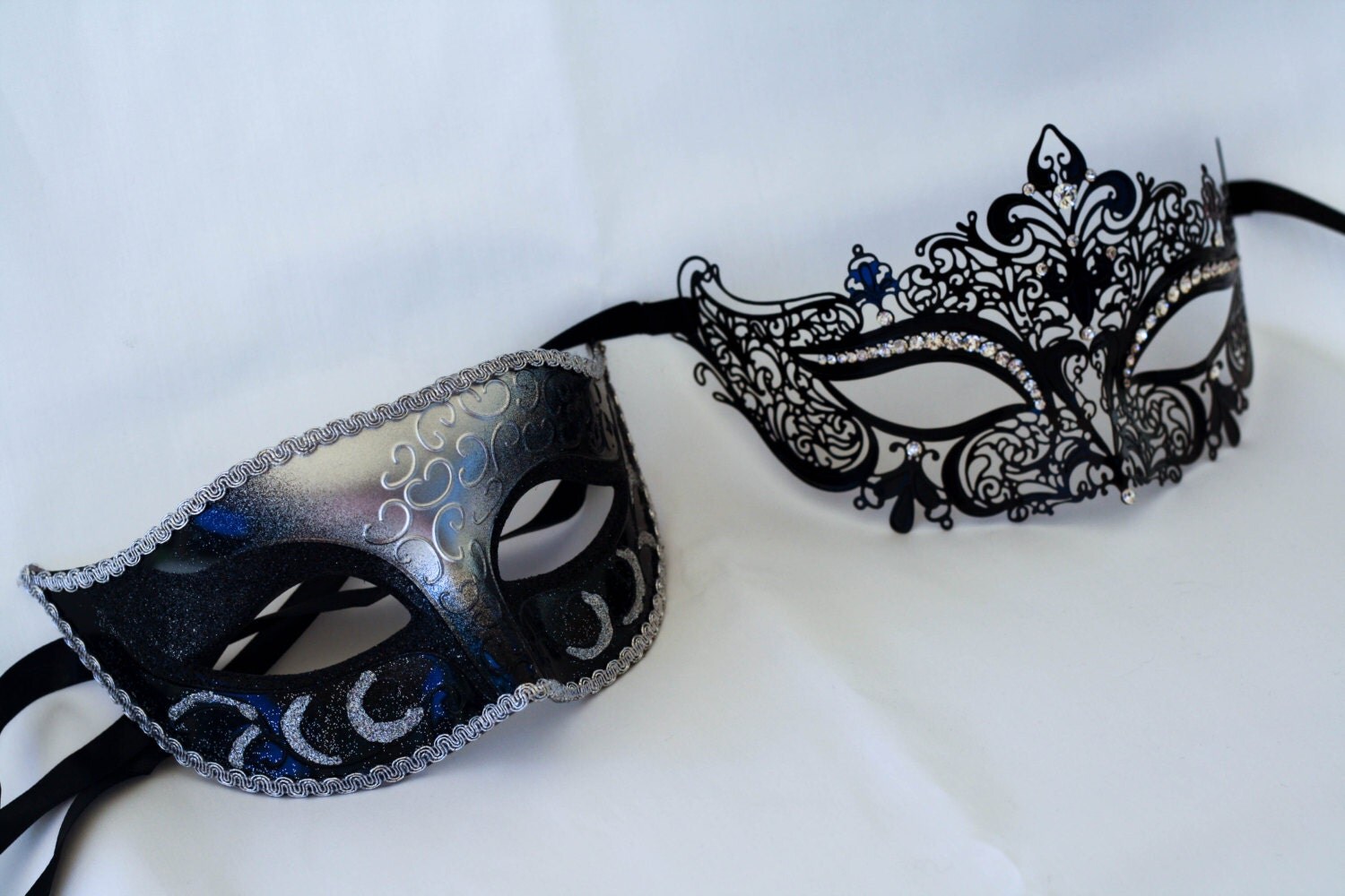 His and hers masquerade silver and black masks couples
