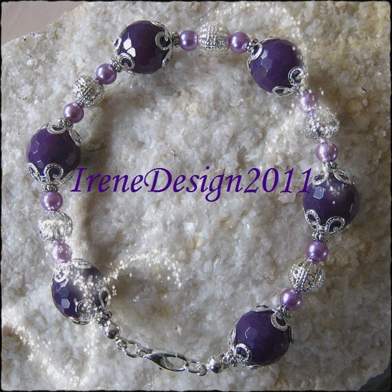 Beautiful Handmade Silver Bracelet with Facetted Purple Jade & Pearls by IreneDesign2011