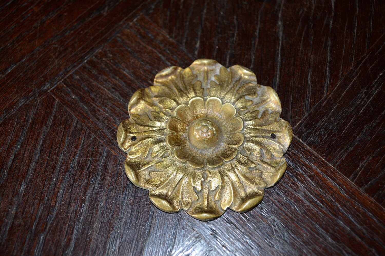 Antique French Large Bronze Rosette Ornate Embellishment Hardware 4