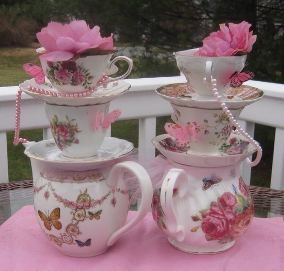 Items similar to Pair of Stacked Floral Teapot/Teacup Centerpieces 1