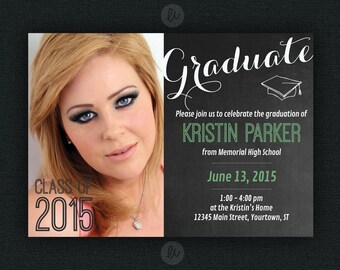 5" x 7" Chalkboard Photo Graduation Announcement/Invitation. Choose your color - 10 options. Printable or professionally printed. Seniors.