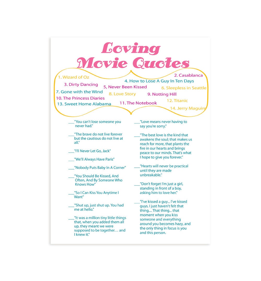 Bridal Shower Game Famous Movie Love Quotes
