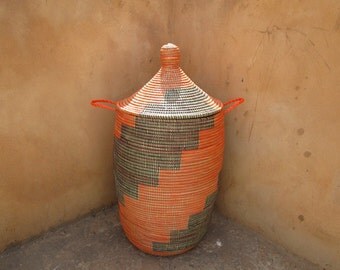 Big Orange and Brown Laundry Hamper, Basket , Staircase Pattern, Cesto, panier africaine, Storage,