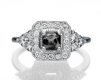 Art Deco Black Diamond Ring, 18K White Gold Ring, Halo Engagement Ring, 0.84 TCW Black Diamond Engagement Ring, Vintage Rings