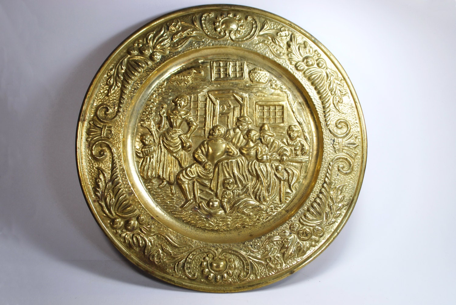 Large Vintage Decorative Brass Plate Plaque With Tavern Scene