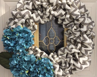 22" chevron burlap bubble wreath with hydrangeas