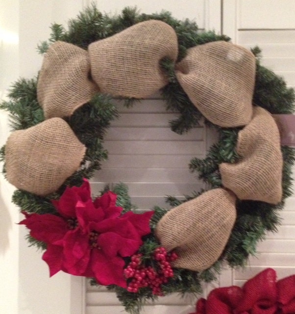 Christmas wreath with burlap and poinsettia