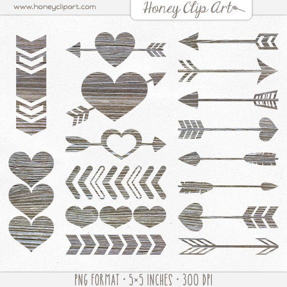 rustic heart design Clipart Digital Weathered Clip   Arrow Barn Art  Wooden Wood Heart