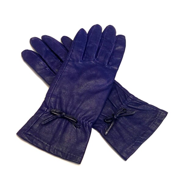 Vintage Blue Leather Gloves with Bows Ties by