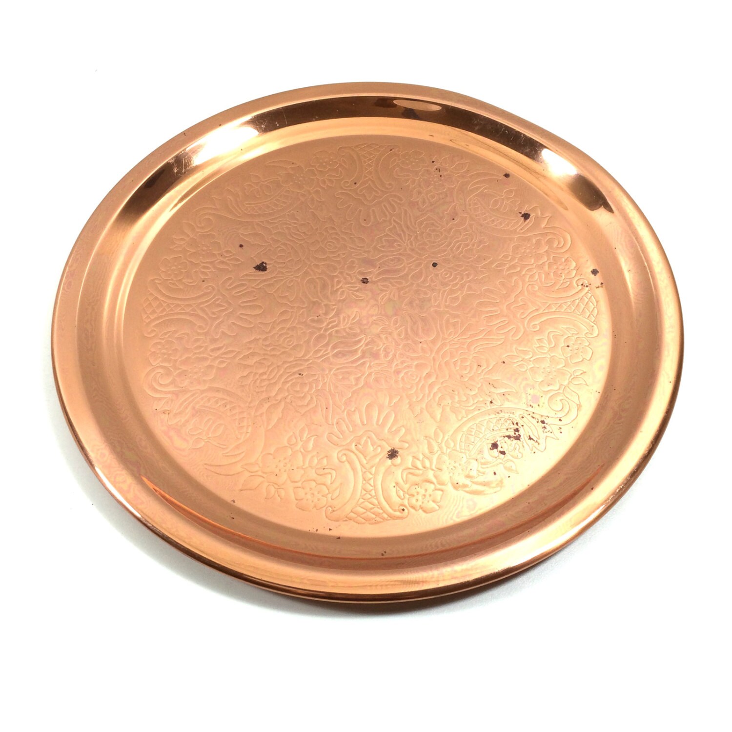 12 Vintage Etched Copper Round Serving Tray