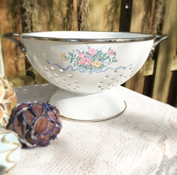 Sweet vintage Floral Enamel Colander. Great planter