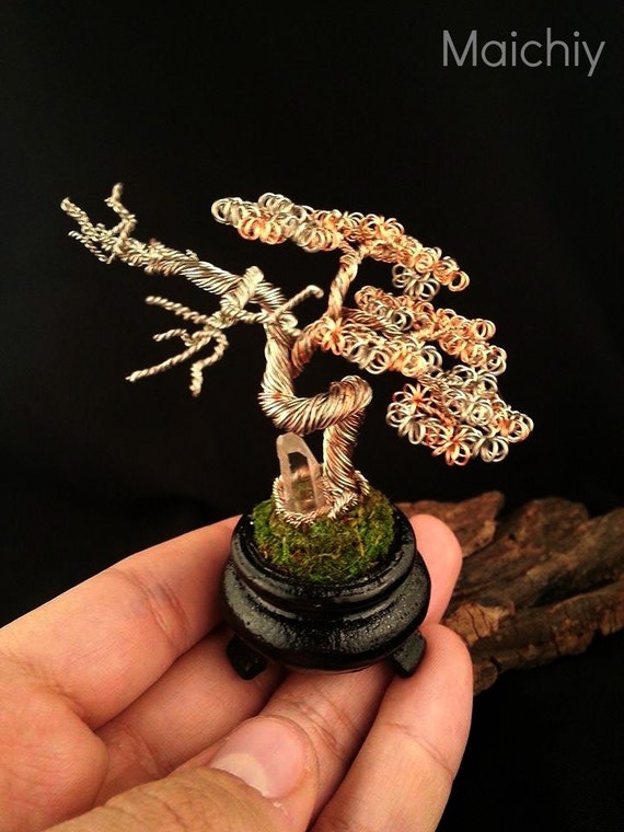 Twisted Wire Sharimiki Bonsai Tree Sculpture with real Quartz