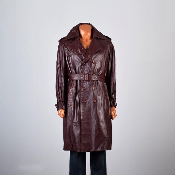 Mens Vintage 70s Oxblood Leather Belted Trench Coat Double