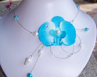 Turquoise necklace orchid bridal wedding evening Lady Model collier orchidée Turquoise mariage mariée soirée Modéle Lady