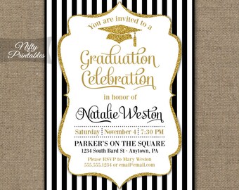 Graduation Invitation - Printable Graduation Party Invites - Elegant Black White & Gold Glitter Grad Class Of Invitations