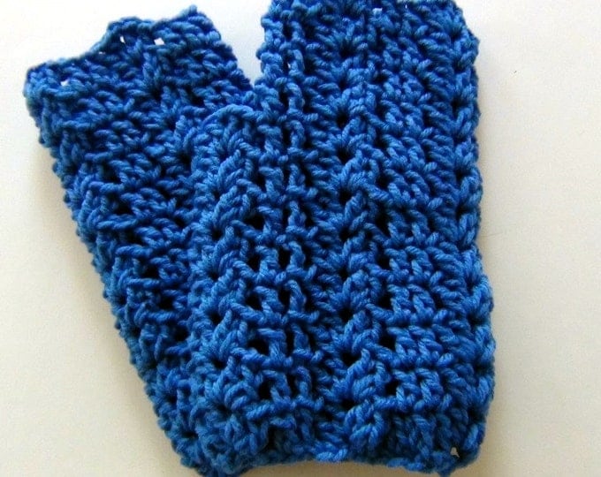 Crochet Shell Fingerless Gloves - Blue Acrylic Hand Warmers - Texting Mittens