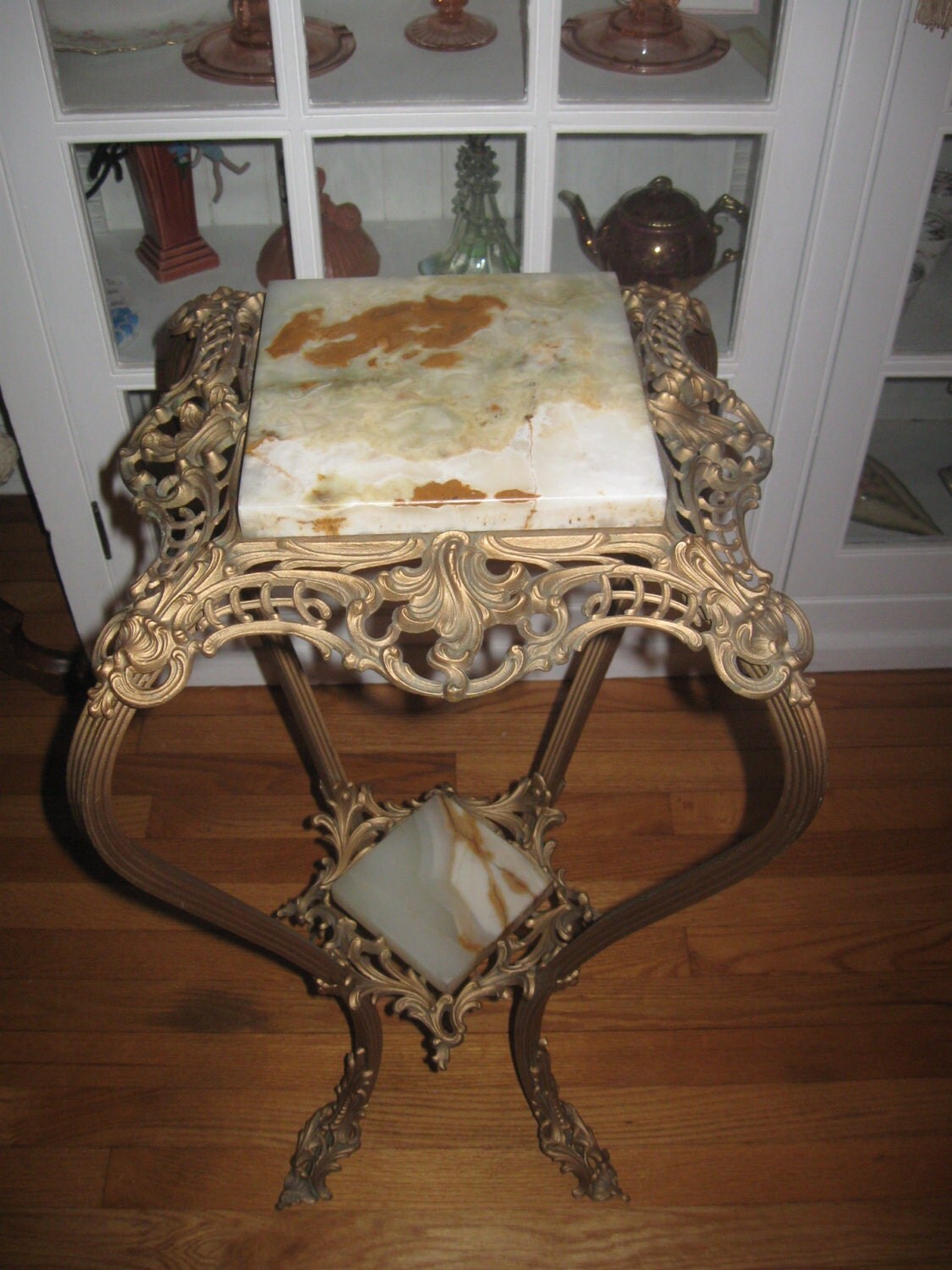 EXQUISITE,FRENCH VICTORIAN ornamental iron & marble etagere pedestal