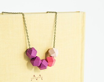 Pale pink and purple color block necklace Simple hexagon wood necklace Light weight jewelry
