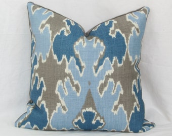 Indigo Blue Ikat throw pillow cover. 18x18 20x20 22x22 24x24 26x26 28x28 Kelly Wearstler Lee Jofa Bengal Bazaar
