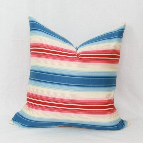 Items similar to Red & blue stripe decorative throw pillow cover. 18" x