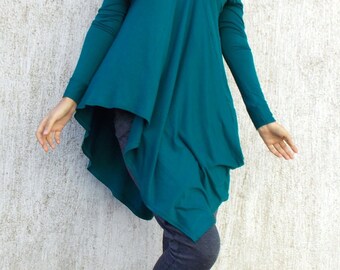Flared Teal Viscose Tunic / Plus Size Asymmetrical Flared Tunic TT38