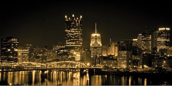 Pittsburgh Black and Gold Skyline at Night Print or Canvas