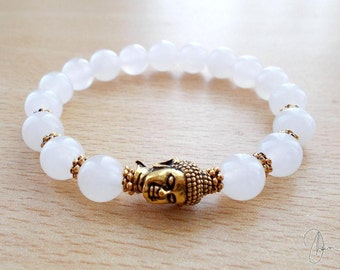Snow Quartz Buddha Bracelet - Boho Yoga Meditation Gemstone Jewelry - Spiritual Reiki Crown Chakra Stone - White Gold/Silver Bracelet