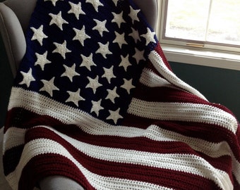 American Flag Stars & Stripes Crotched Afghan Blanket. Great Wedding, Birthday, or Military Gift. Burgundy, Off White, and Blue