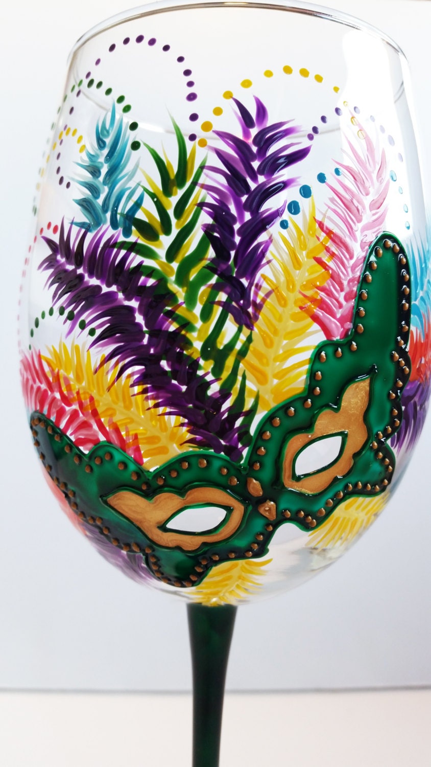Wine Glasses Hand Painted Masquerade Masks Mardi Gras 19oz
