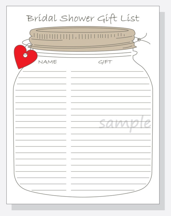 Bridal Shower Gift List Printable DIY Mason by LilCubbyPrintables