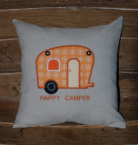 Vintage Trailer Retro Airstream Appliqued Pillow Happy