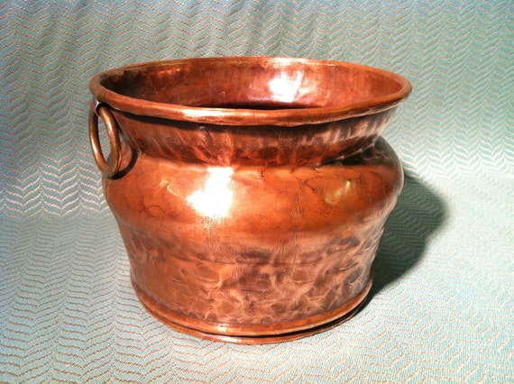 Vintage Hammered Copper Pot With Brass Ring Handles From The